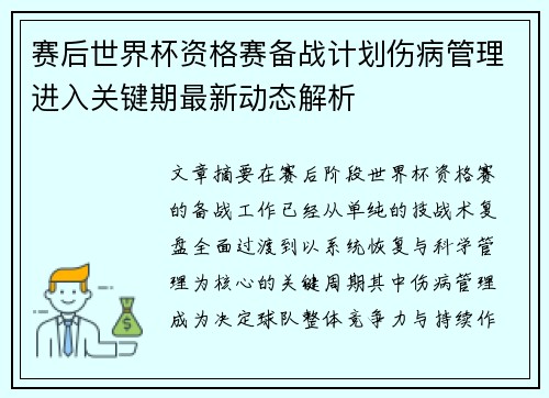 赛后世界杯资格赛备战计划伤病管理进入关键期最新动态解析